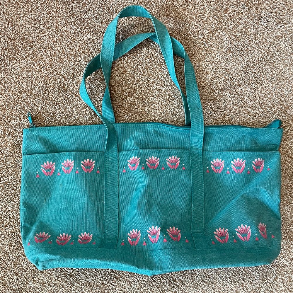Large Blue Beach Bag with pink flowers